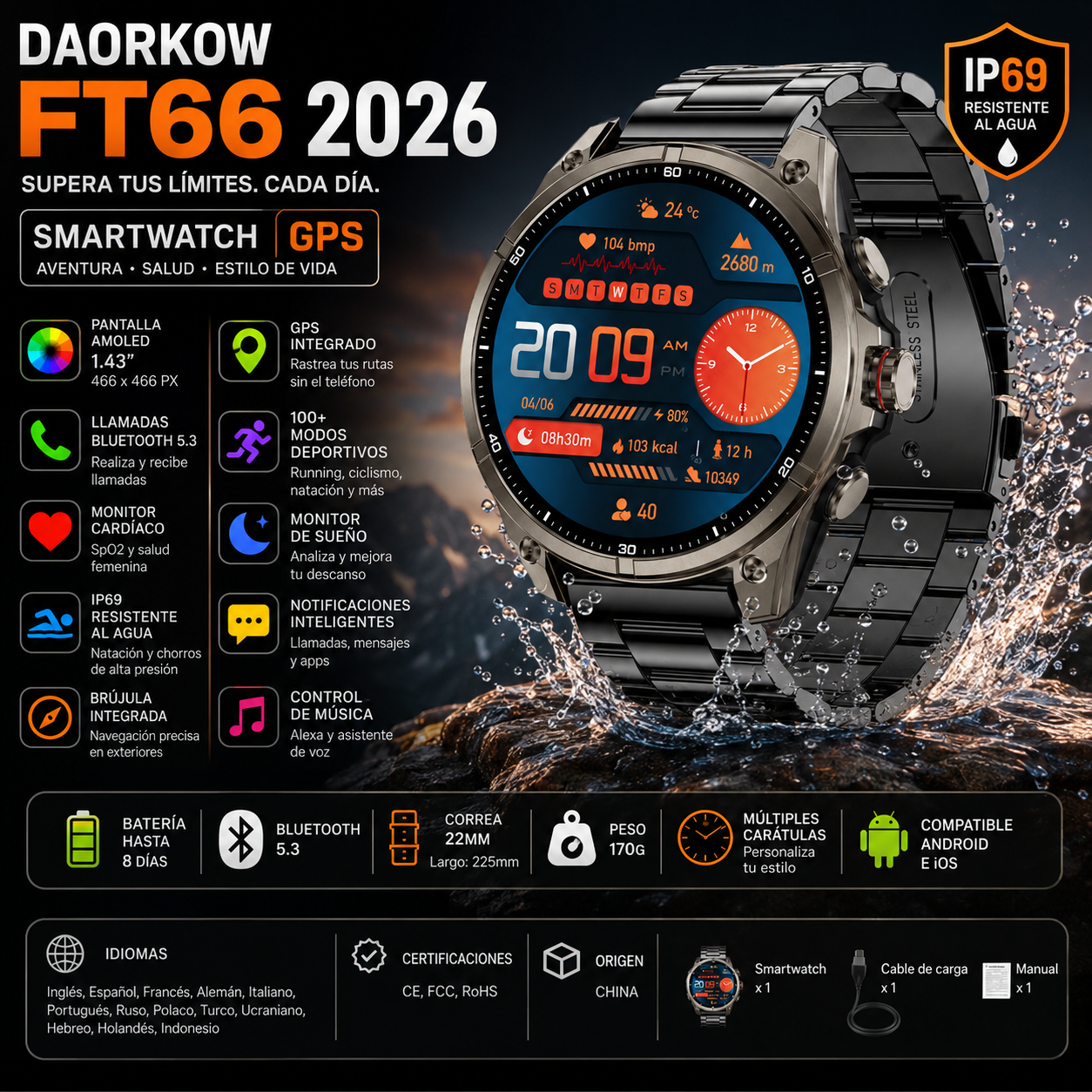 Smartwatch DAORKOW FT66 2026 | AMOLED 1.43" 466×466 | GPS | IP69 | Bluetooth 5.3 | 100+ Sport Modes | Android & iOS | Reloj Inteligente DAORKOW FT66 | AMOLED 1.43" | GPS | IP69 | Bluetooth 5.3 | 100+ Deportes