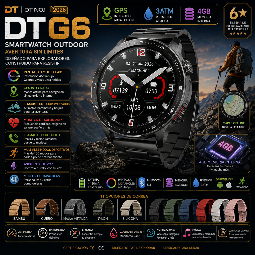 Smartwatch DT G6 2026 | AMOLED 1.43" | GPS + Mapas Offline | 3ATM | 4GB | Outdoor
