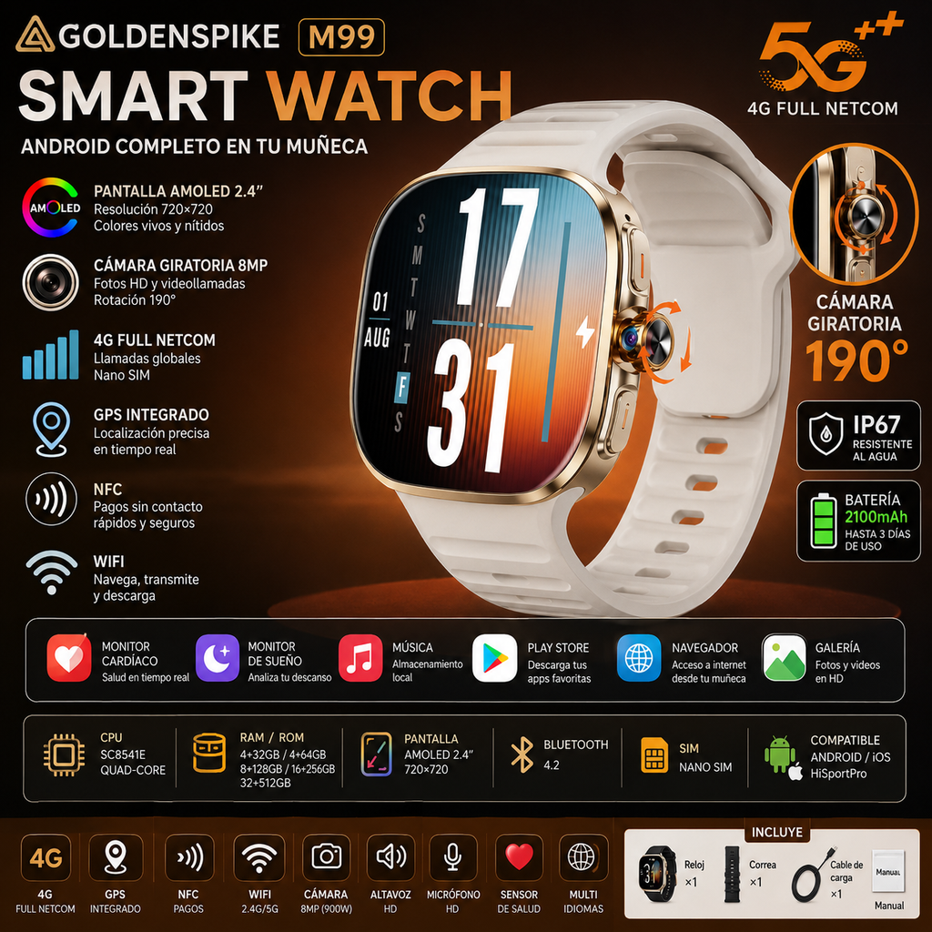 Smartwatch GOLDENSPIKE M99 | AMOLED 2.4" 720×720 | Cámara Giratoria 8MP | 4G | GPS | NFC | WiFi | 2100mAh | Android | GOLDENSPIKE M99 Smart Watch | 2.4" AMOLED | Rotating 8MP Camera | 4G | GPS | NFC | 2100mAh