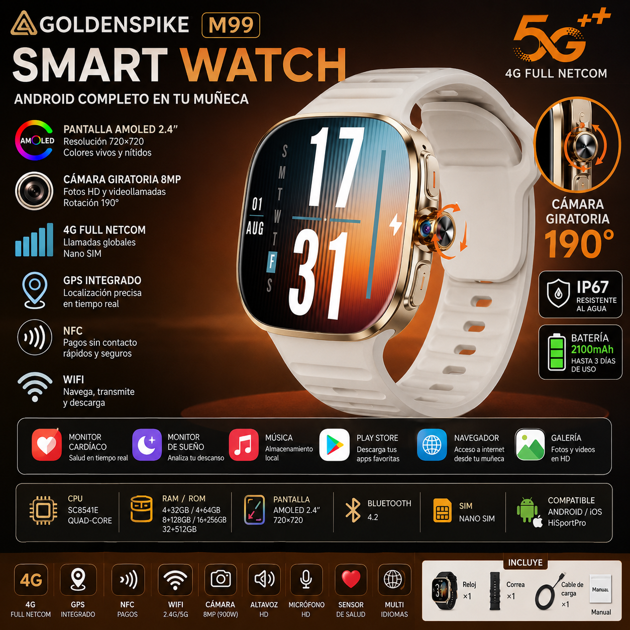 Smartwatch GOLDENSPIKE M99 | AMOLED 2.4" 720×720 | Cámara Giratoria 8MP | 4G | GPS | NFC | WiFi | 2100mAh | Android | GOLDENSPIKE M99 Smart Watch | 2.4" AMOLED | Rotating 8MP Camera | 4G | GPS | NFC | 2100mAh