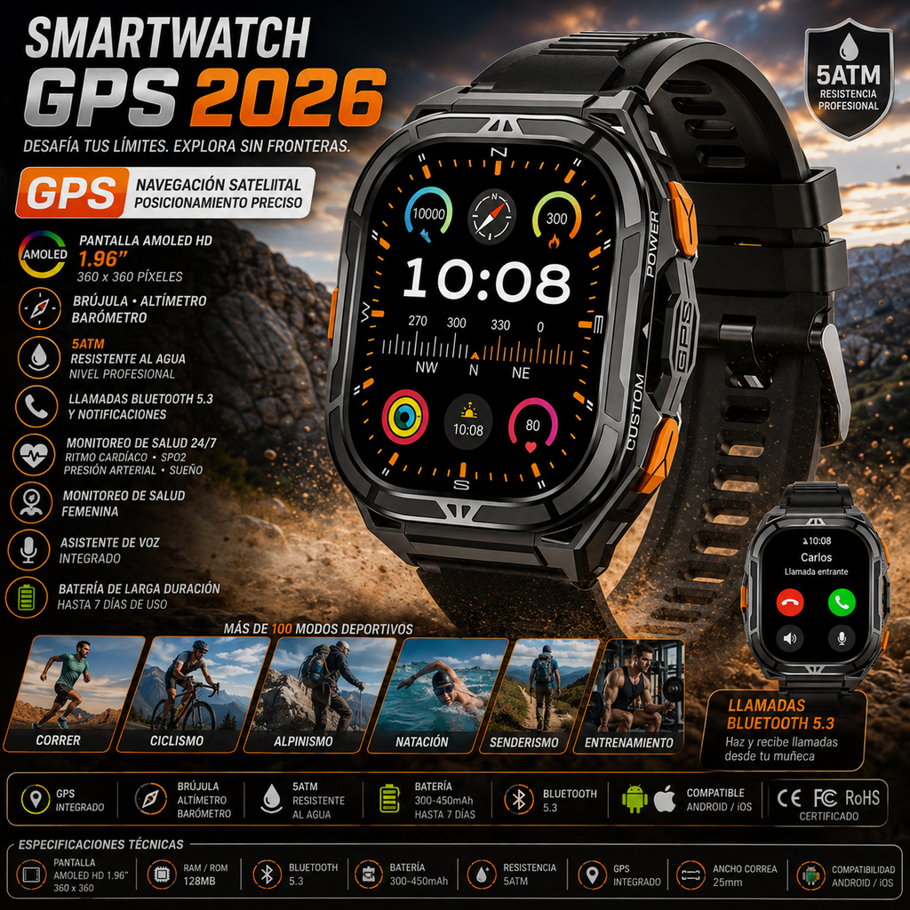 GPS Smartwatch 2026 | AMOLED 1.96" HD | Compass | 5ATM Waterproof | Bluetooth Calling | Men Sport | Smartwatch GPS 2026 | AMOLED 1.96" HD | Brújula | Resistente al Agua 5ATM | Llamadas Bluetooth | Deporte