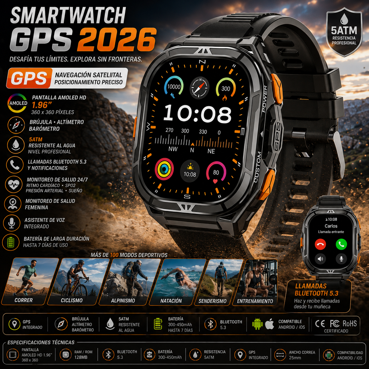 GPS Smartwatch 2026 | AMOLED 1.96" HD | Compass | 5ATM Waterproof | Bluetooth Calling | Men Sport | Smartwatch GPS 2026 | AMOLED 1.96" HD | Brújula | Resistente al Agua 5ATM | Llamadas Bluetooth | Deporte