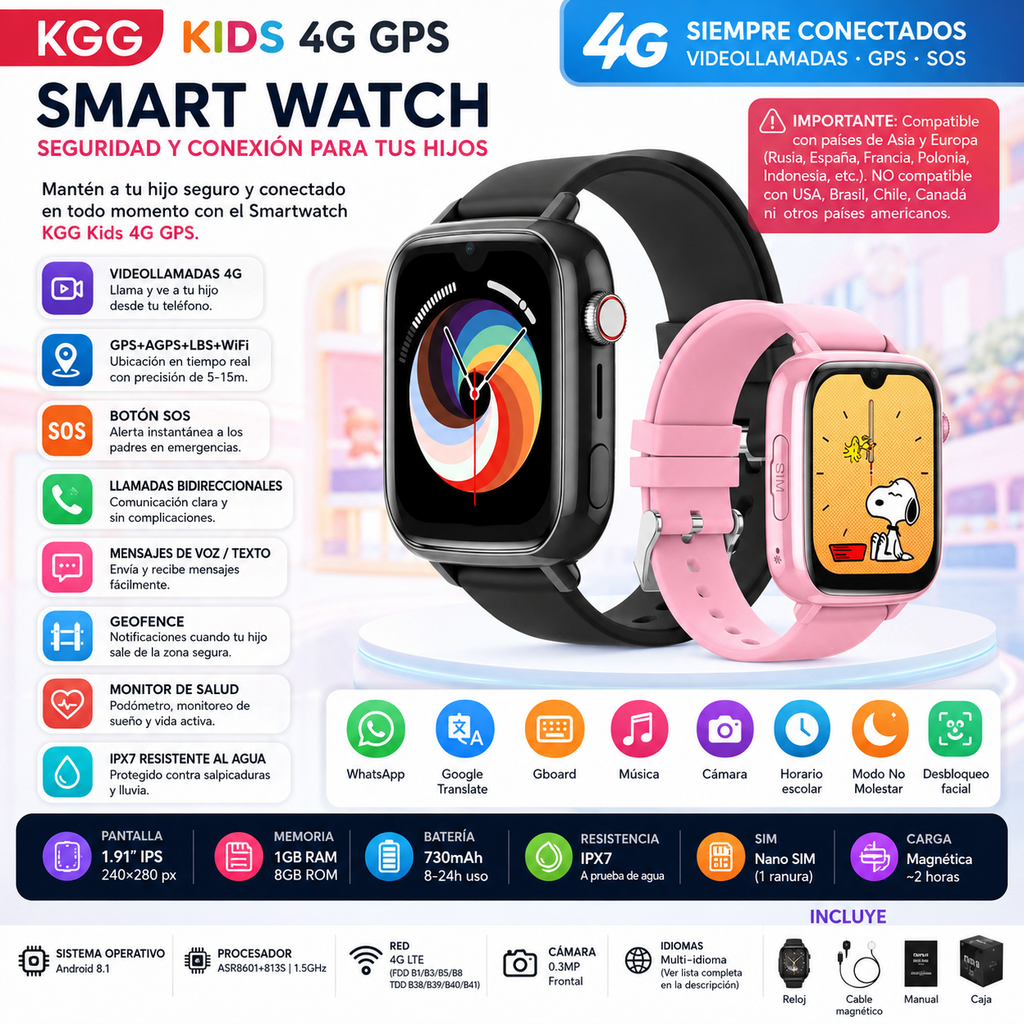 Smartwatch KGG Kids 4G GPS | 1.91" IPS | Video Call | SOS | WiFi | IPX7 | Android 8.1 | Reloj Inteligente KGG Niños 4G GPS | Videollamada | SOS | WiFi | IPX7