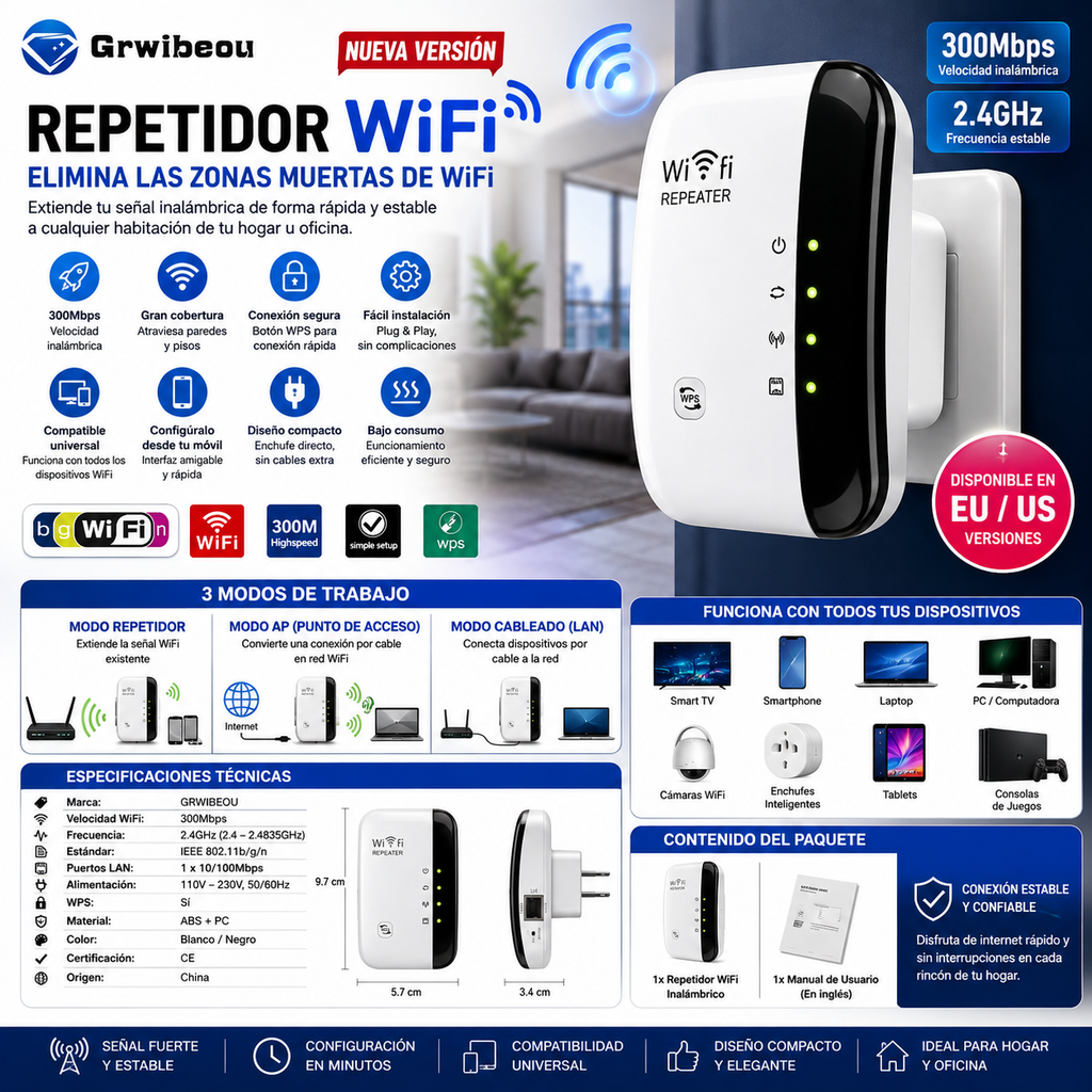 WiFi Repeater 300Mbps – Wireless Signal Amplifier & Range Extender | EU & US Plug