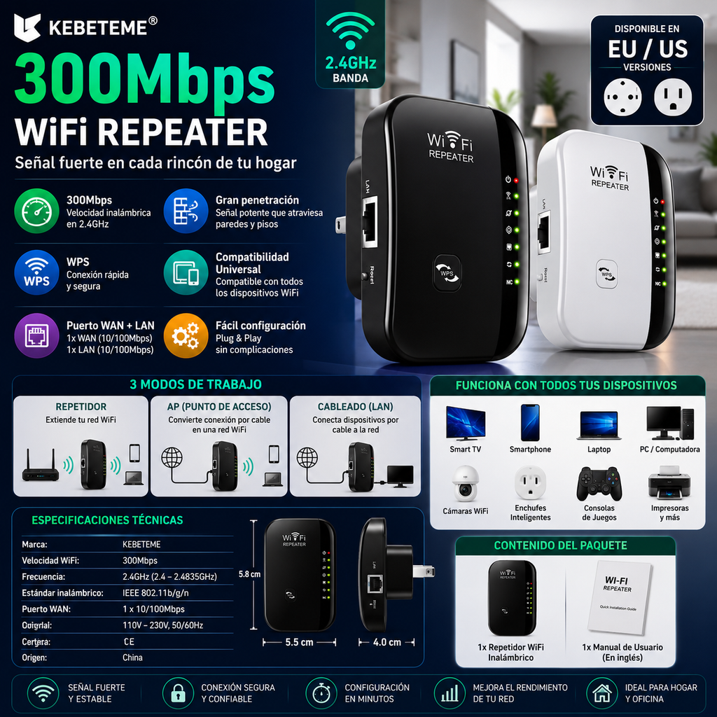 WiFi Repeater 300Mbps 2.4GHz – Wireless Signal Booster & Range Extender | EU & US Plug