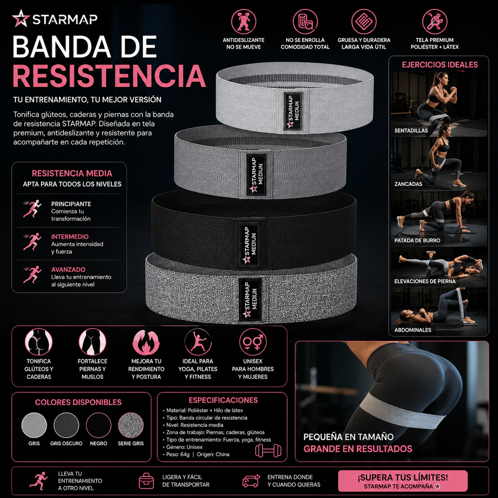 Set de Bandas de Resistencia para Glúteos y Caderas | Tela Antideslizante | Yoga y Fitness