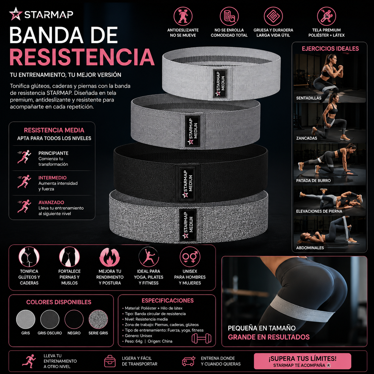 Set de Bandas de Resistencia para Glúteos y Caderas | Tela Antideslizante | Yoga y Fitness