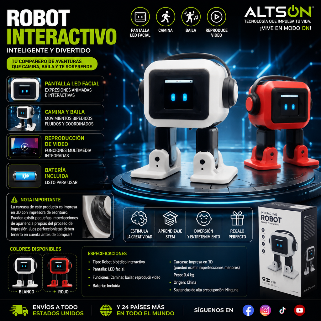 Robot Interactivo Inteligente – Pantalla LED Facial, Camina y Baila, Educativo para Niños