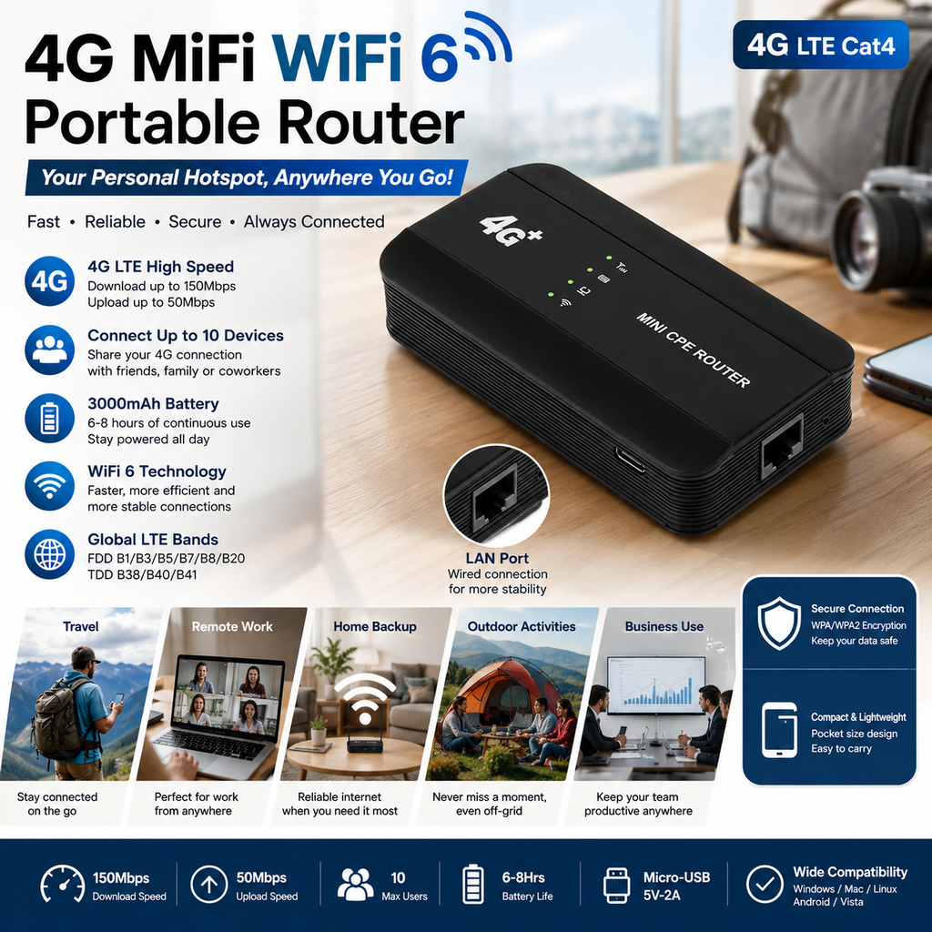 Router 4G MiFi WiFi 6 Portátil | Puerto LAN | Hotspot Pocket | Hasta 10 Usuarios | Batería 3000mAh