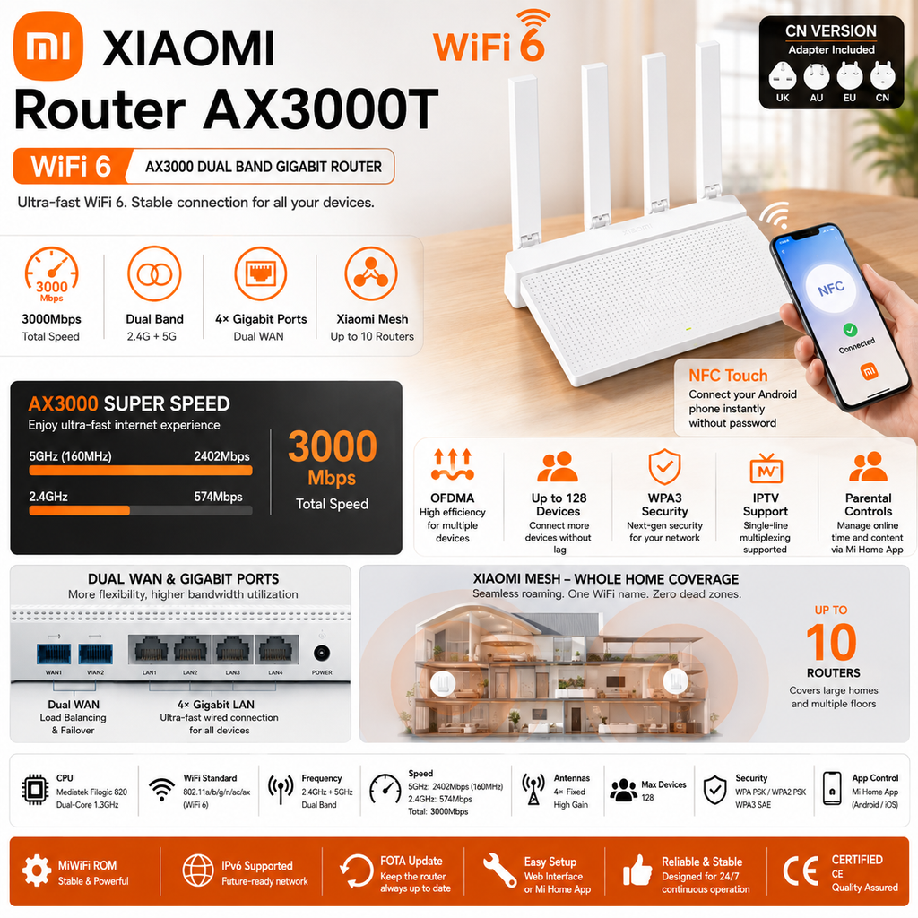 Xiaomi Router AX3000T WiFi 6 Mesh | Dual WAN | NFC | 3000Mbps | Qualcomm CPU | MiWiFi ROM