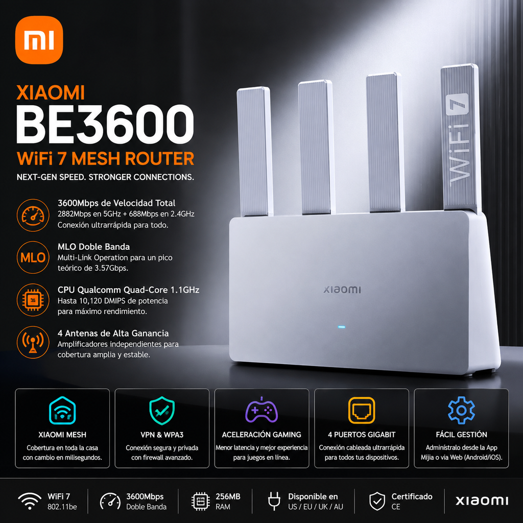 Xiaomi Router BE3600 WiFi 7 Mesh | MLO Doble Banda | 3600Mbps | Qualcomm 4-Core | VPN | Gaming | MiWiFi