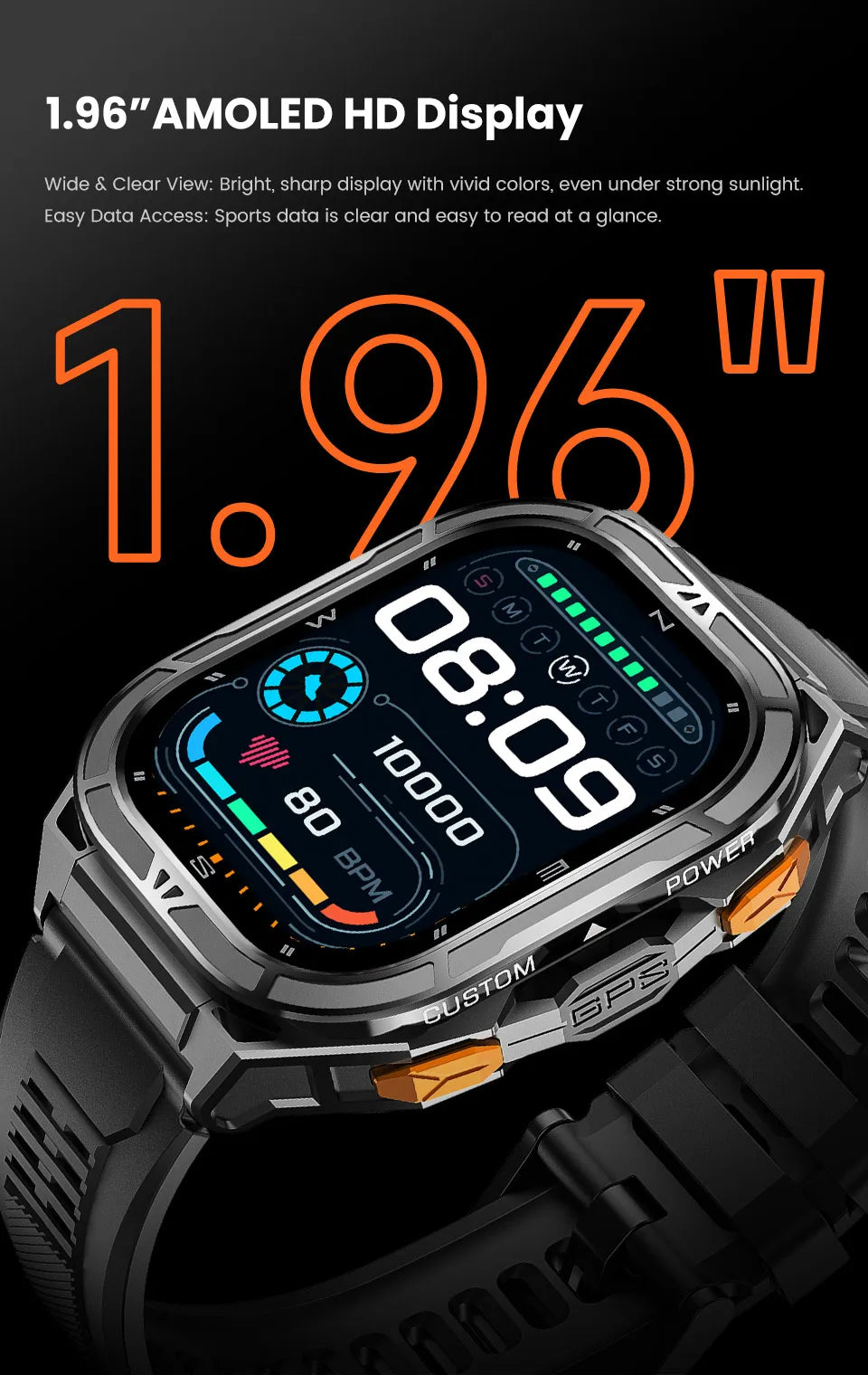 GPS Smartwatch 2026 Rugged | AMOLED 1.96" | NFC | 10m Waterproof | Bluetooth 5.3 | Men Outdoor | Smartwatch GPS 2026 Resistente | AMOLED 1.96" | NFC | Resistente al Agua 10m | Bluetooth 5.3 | Hombre Exterior