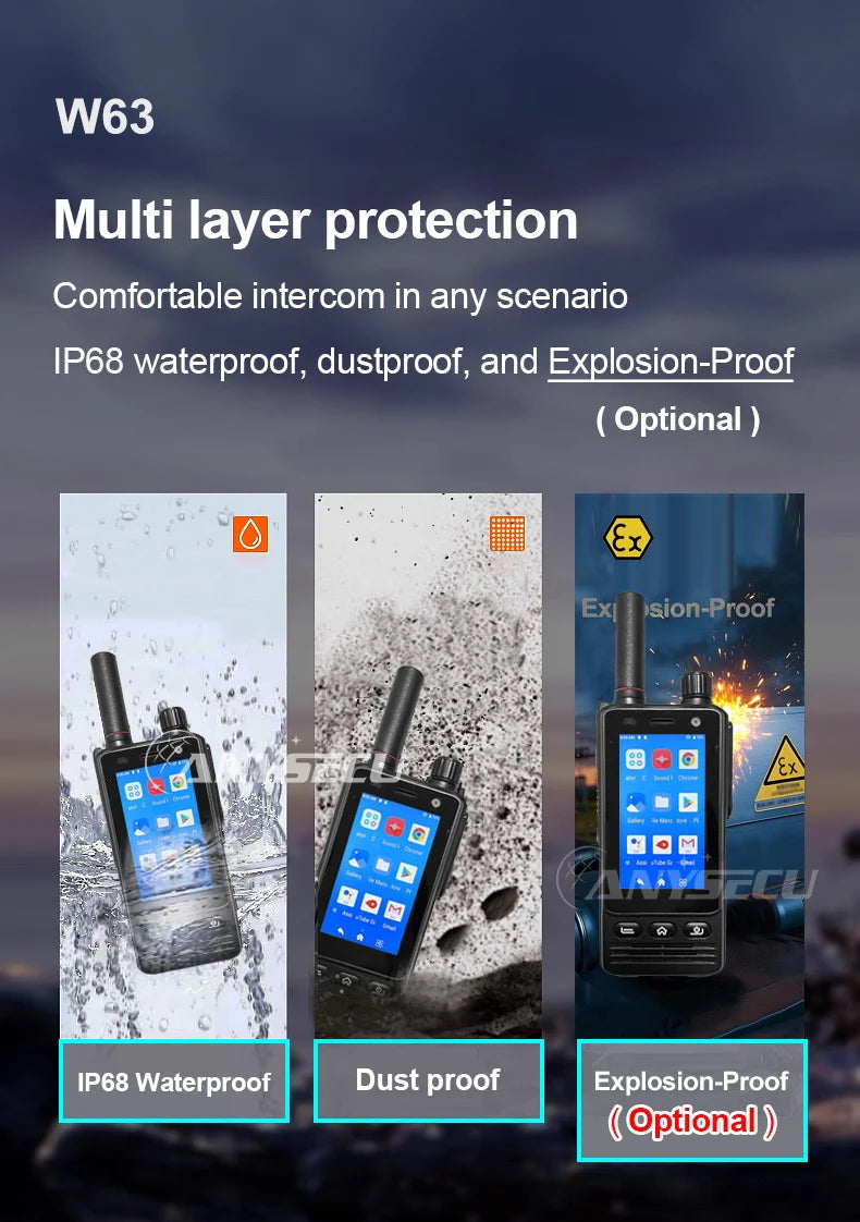 ANYSECU W63 | Walkie Talkie 4G PTT IP68 NFC GPS | Zello RealPTT Android