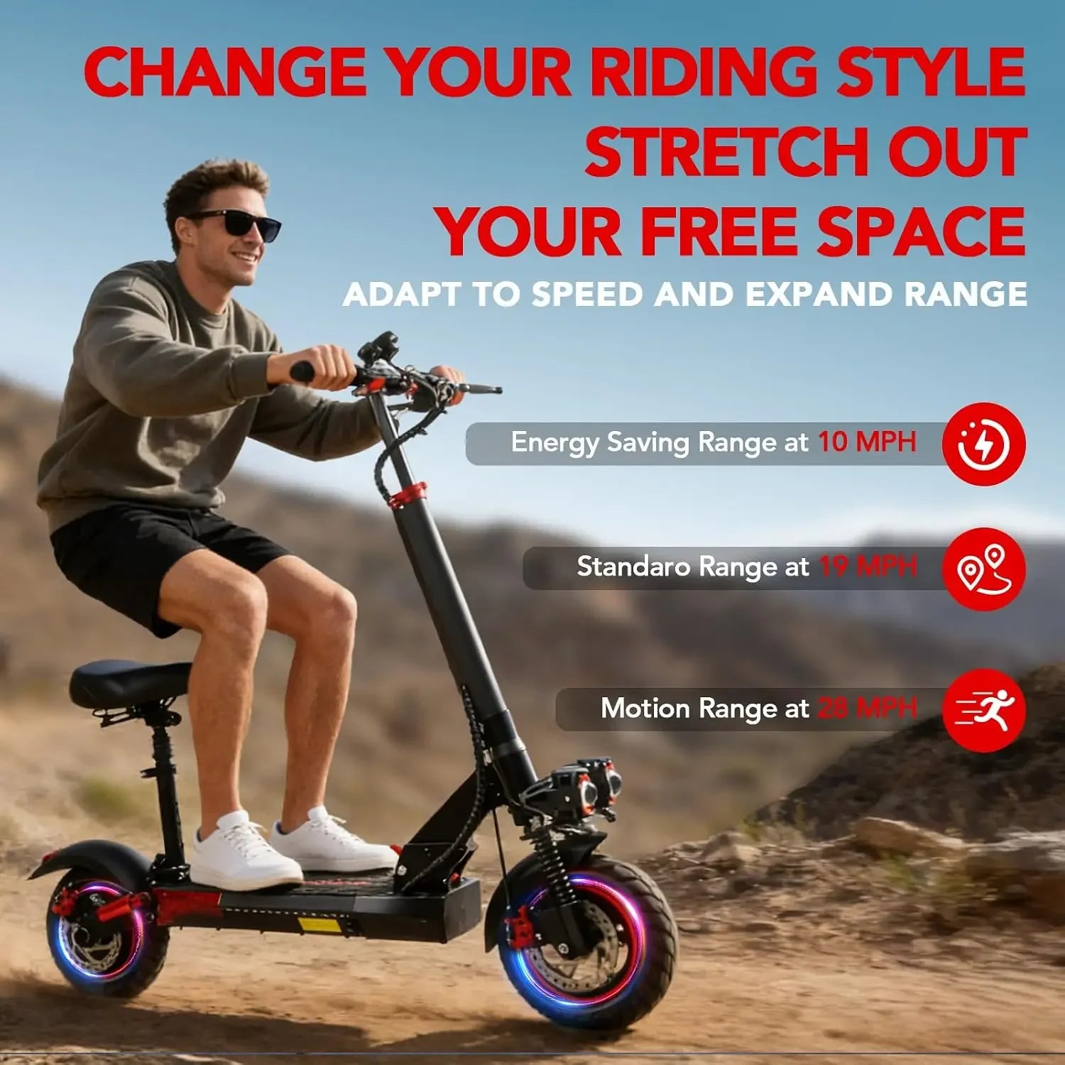 Scooter Eléctrico para Adultos J01 | 800W, 48V, 30mph, 28 mi, Asiento, Llantas Off-Road 10"
