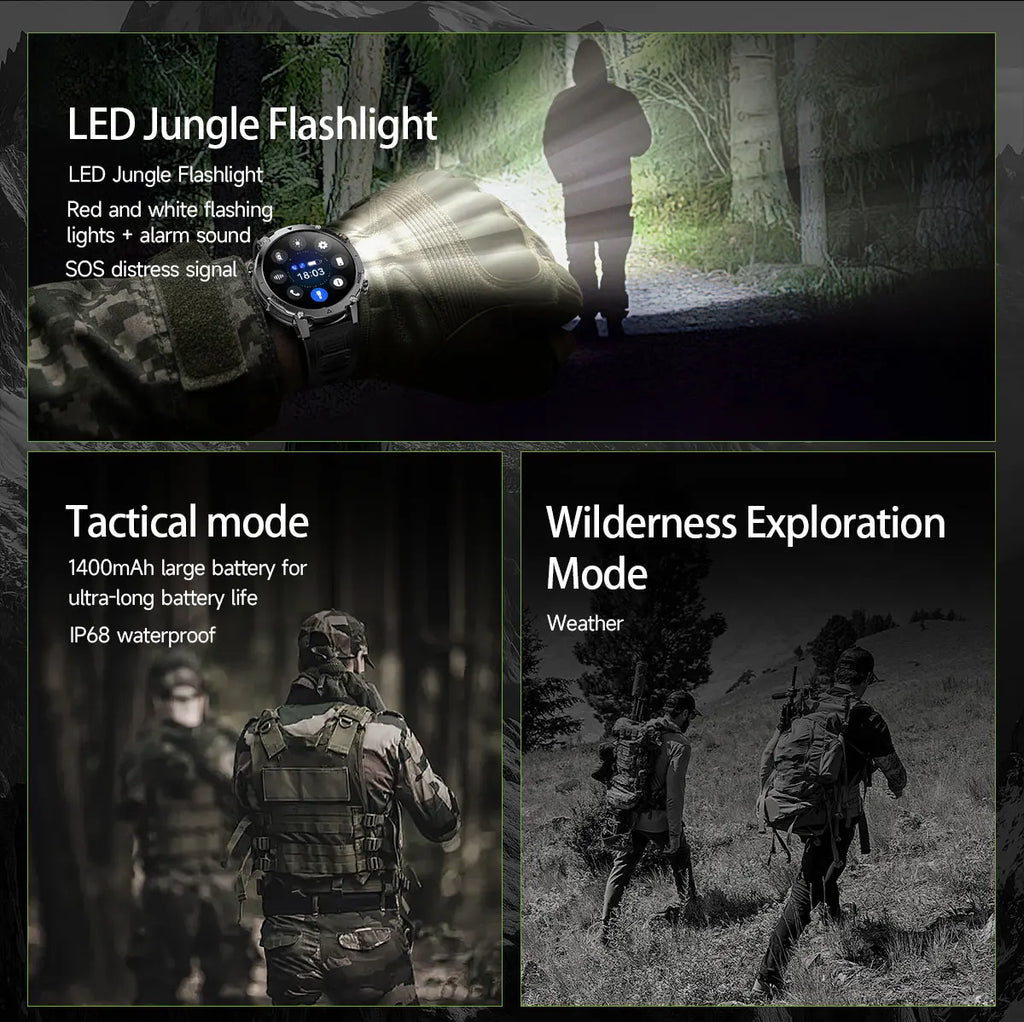 Flttoltn AK106 | Smartwatch Militar 1400mAh | AMOLED 1.7", IP69K, Linterna LED, 100+ Deportes