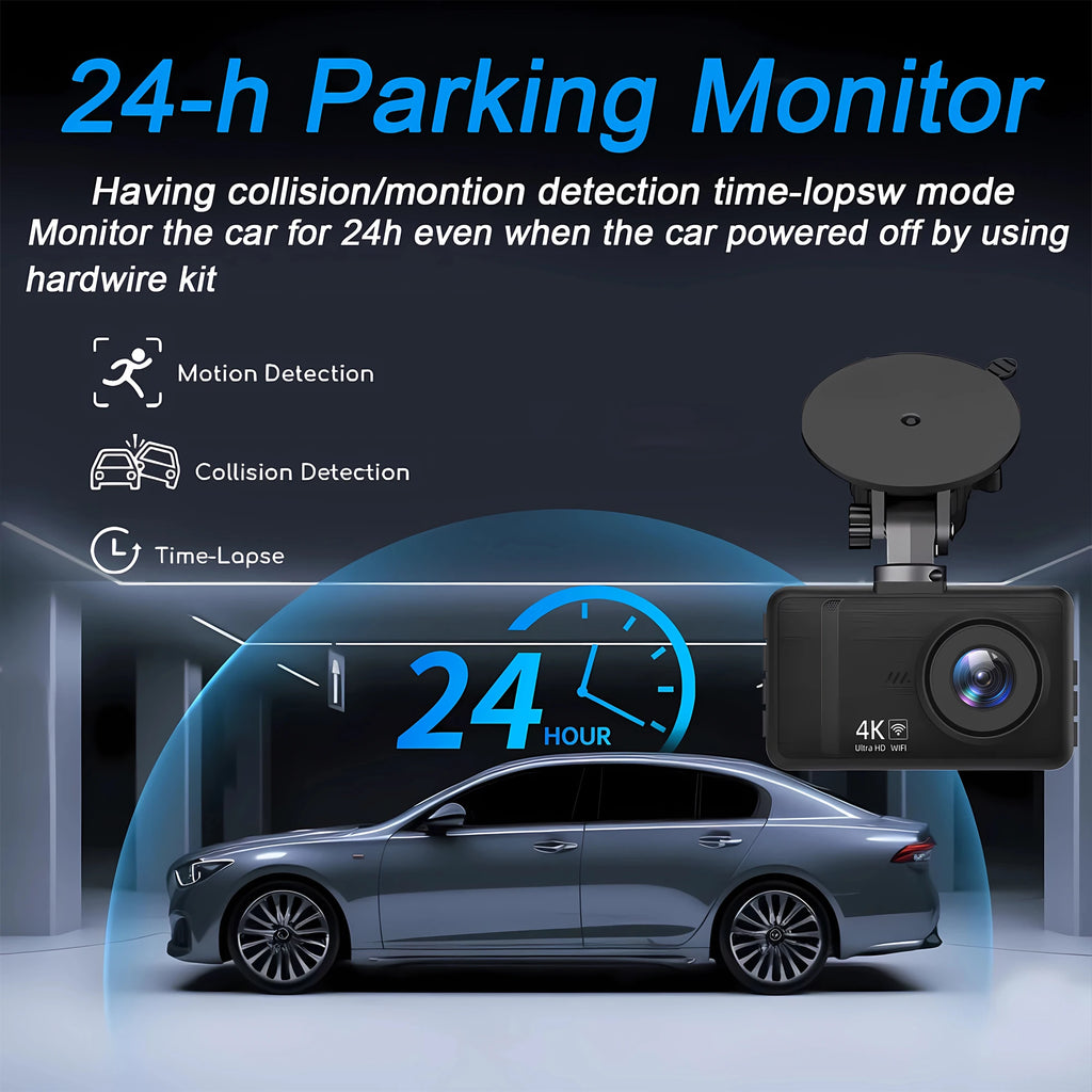 Dashcam 4K+2.5K WiFi GPS Doble Lente – Visión Nocturna, Monitor Estacionamiento 24H, Caja Negra