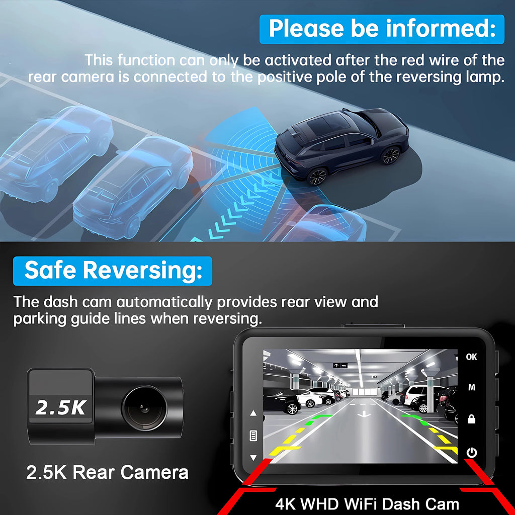 Dashcam 4K+2.5K WiFi GPS Doble Lente – Visión Nocturna, Monitor Estacionamiento 24H, Caja Negra