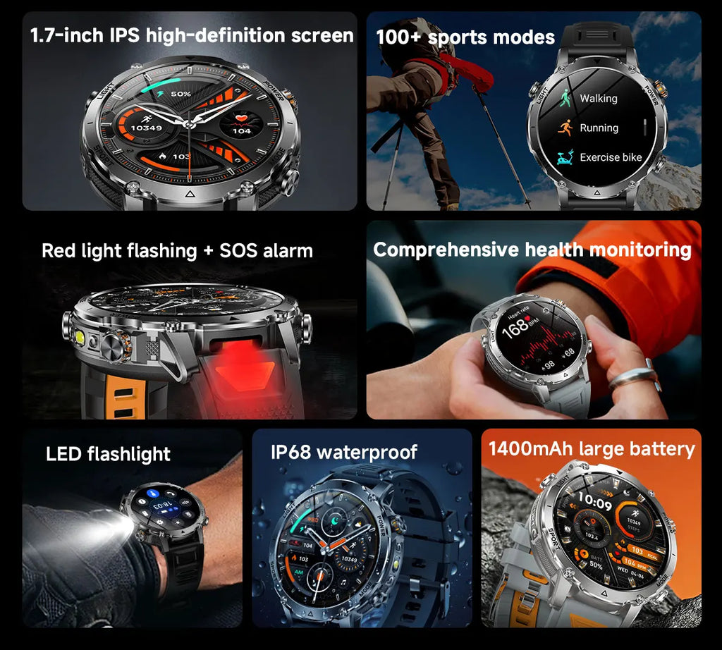 Flttoltn AK106 | Smartwatch Militar 1400mAh | AMOLED 1.7", IP69K, Linterna LED, 100+ Deportes