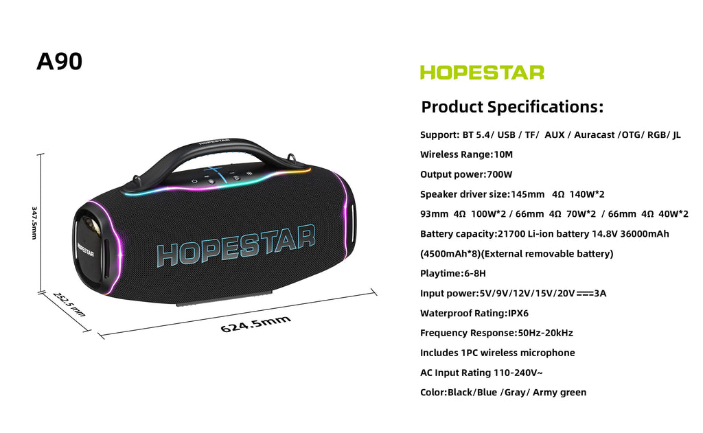 HOPESTAR A90 | Bocina Bluetooth 700W con Micrófono | Karaoke Outdoor IPX6