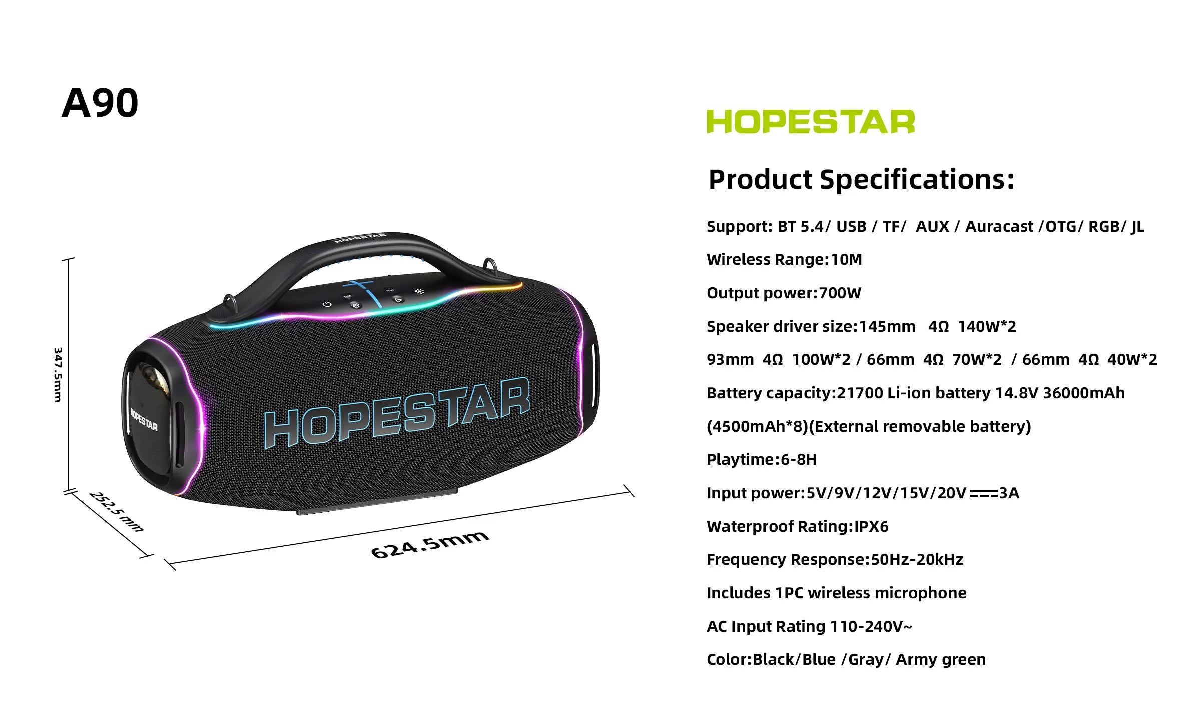 HOPESTAR A90 | Bocina Bluetooth 700W con Micrófono | Karaoke Outdoor IPX6