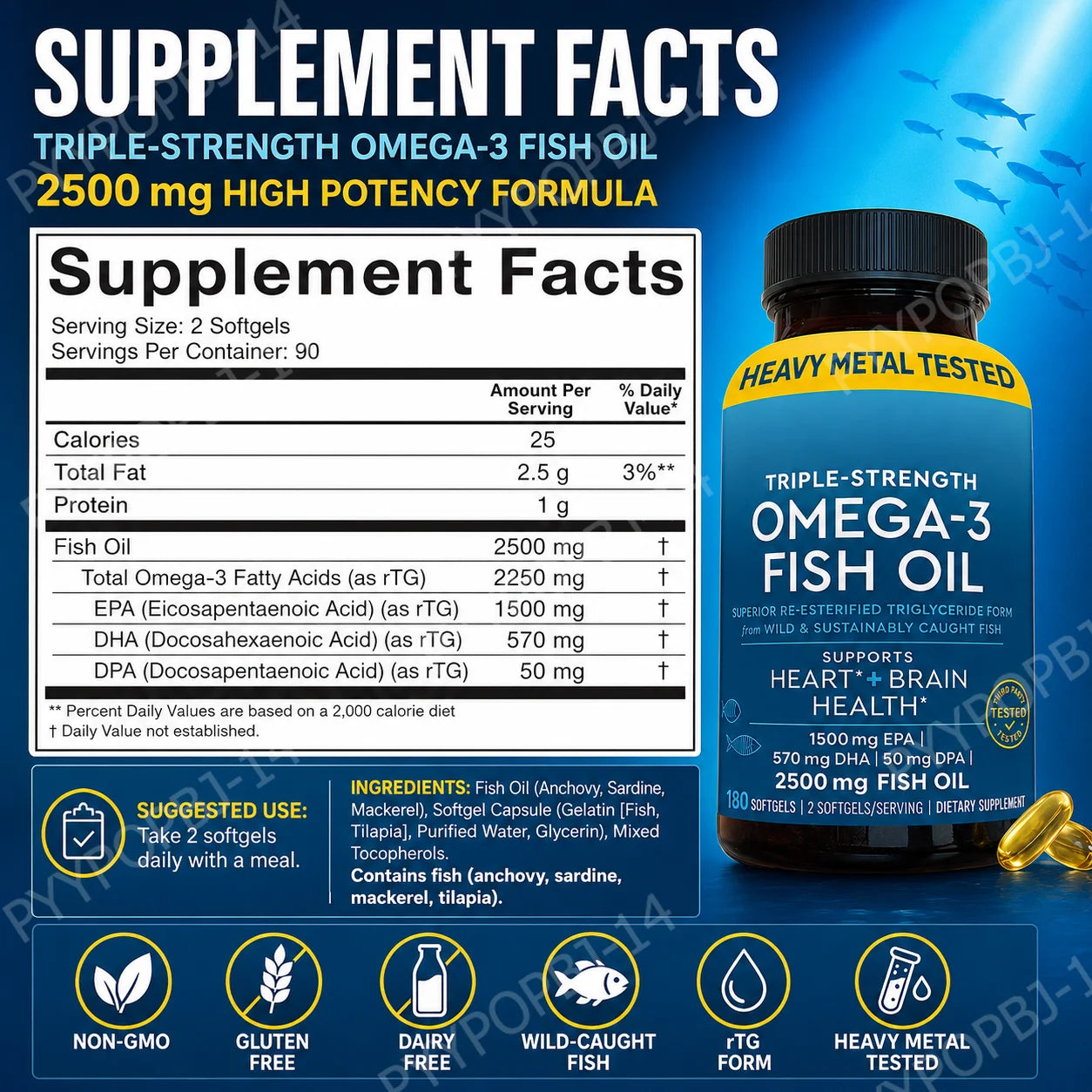 Omega-3 Fish Oil 2500mg | EPA DHA DPA RTG | 180 Cápsulas | Non-GMO, Sin Gluten