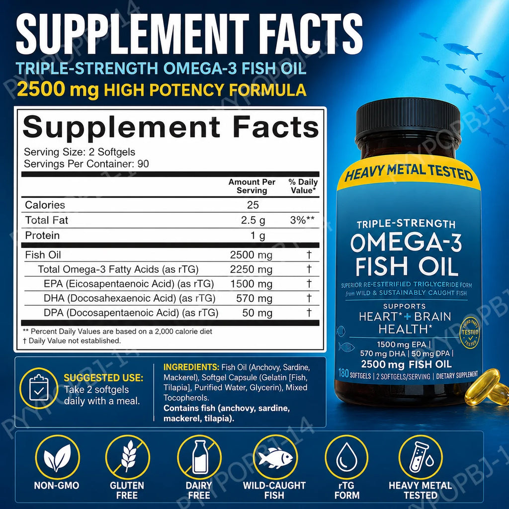 Omega-3 Fish Oil 2500mg | EPA DHA DPA RTG | 180 Cápsulas | Non-GMO, Sin Gluten