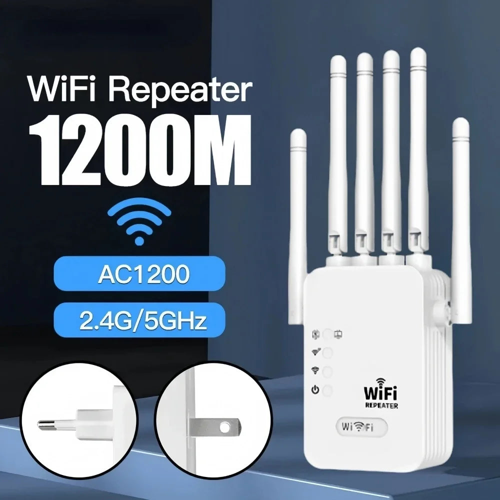 Repetidor WiFi 1200Mbps Doble Banda 2.4G/5GHz | 6 Antenas 360° | Extensor de Señal | Hogar y Oficina