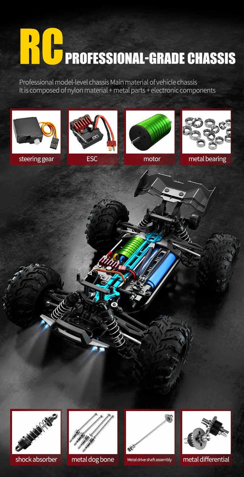 RC Monster Truck 4WD Brushless — 75km/h Off-Road 1/16 Scale | LED Headlights & Metal Parts