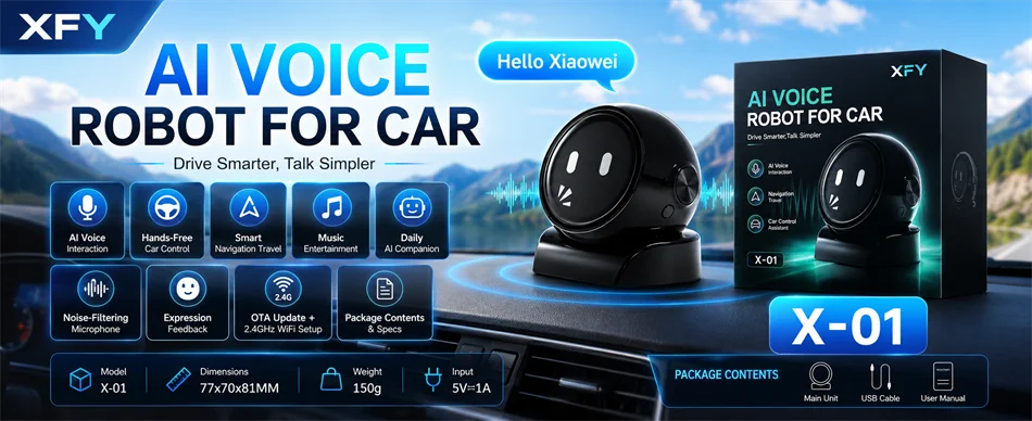 XFY X-01 AI Voice Robot for Car — Smart Assistant | Hands-Free Navigation, Music & Calls