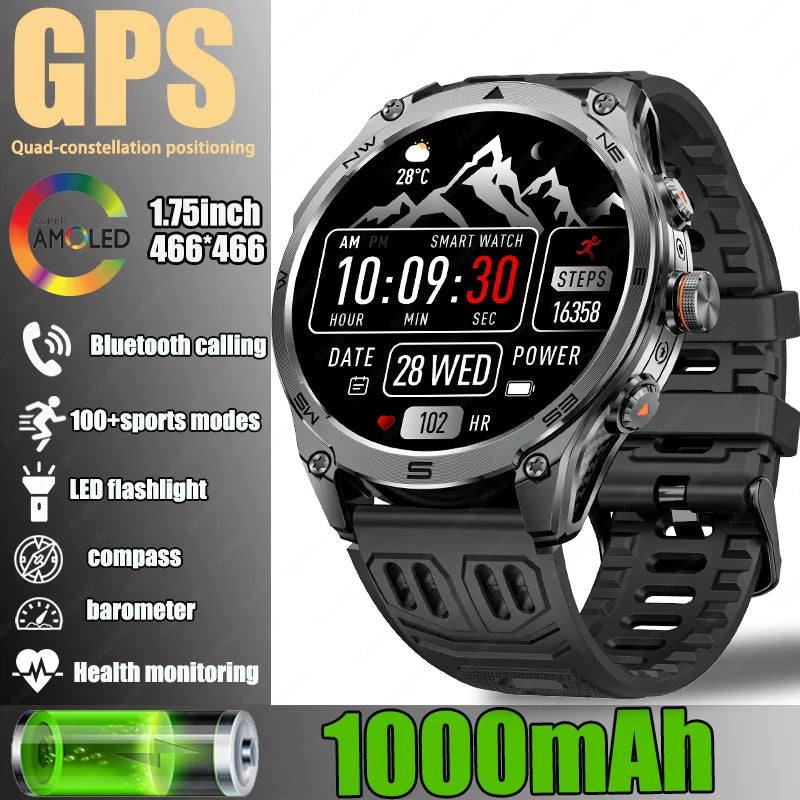Smartwatch Militar GPS 2025 | AMOLED 1.75" | Batería 1000mAh | Linterna LED | Brújula | Barómetro