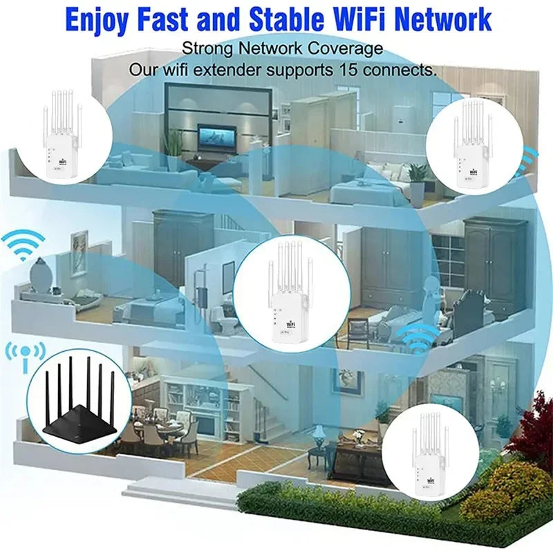 Repetidor WiFi 1200Mbps Doble Banda 2.4G/5GHz | 6 Antenas 360° | Extensor de Señal | Hogar y Oficina
