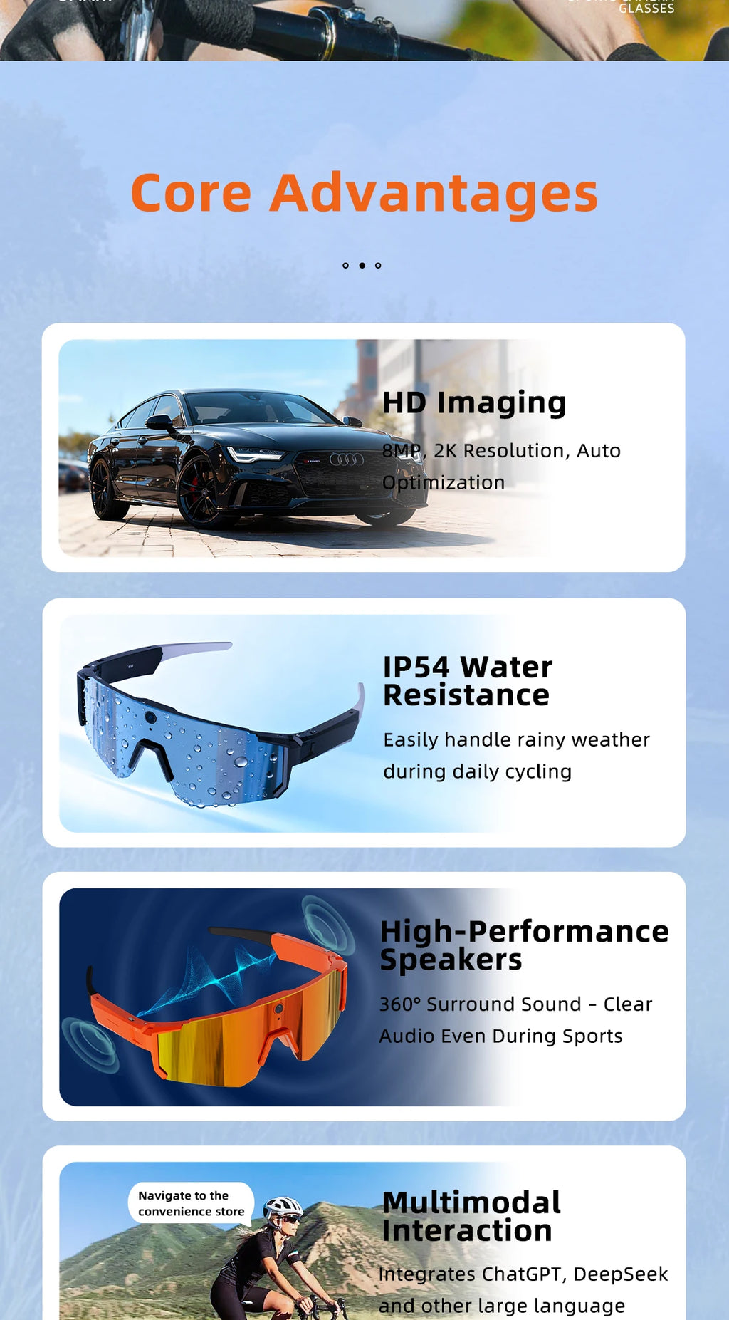 Lentes Deportivos Inteligentes con Cámara IA | 8MP, Bluetooth, Resistentes al Agua