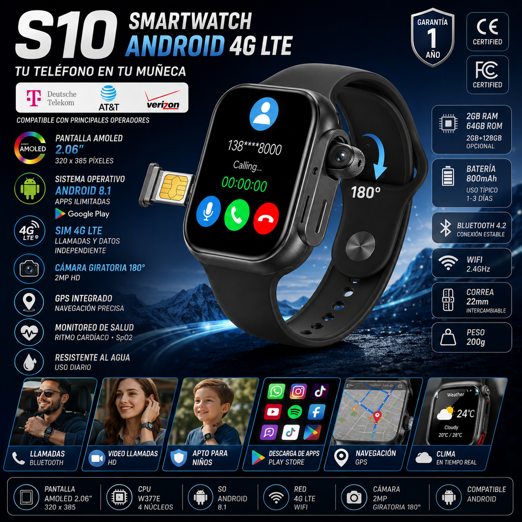 S10 Smartwatch Android 4G LTE | AMOLED 2.06" | Rotating Camera | SIM Card | GPS | WiFi | Men Women Kids | S10 Smartwatch Android 4G LTE | AMOLED 2.06" | Cámara Giratoria | Tarjeta SIM | GPS | WiFi | Hombre Mujer Niños