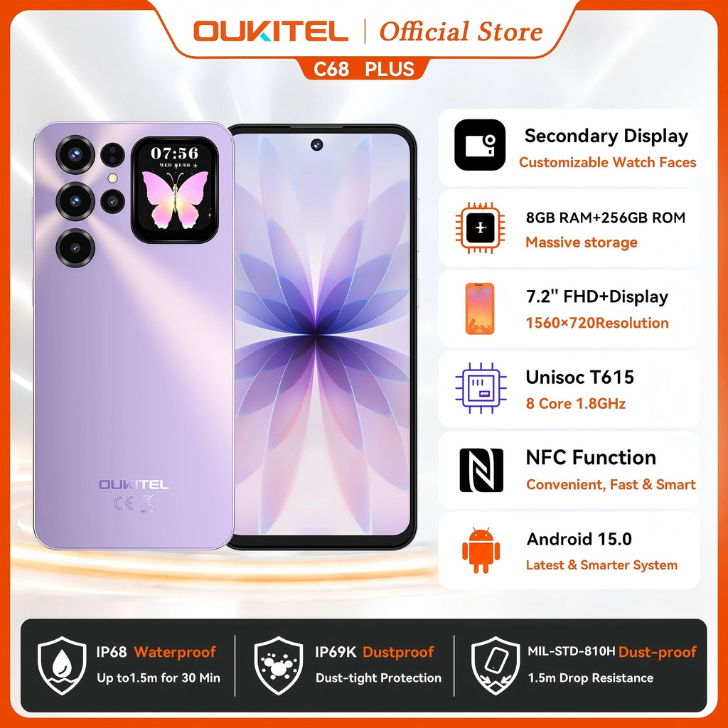 OUKITEL C68 Plus | Smartphone 4G 6000mAh 64MP 7.2" Dual Display | NFC Android 15