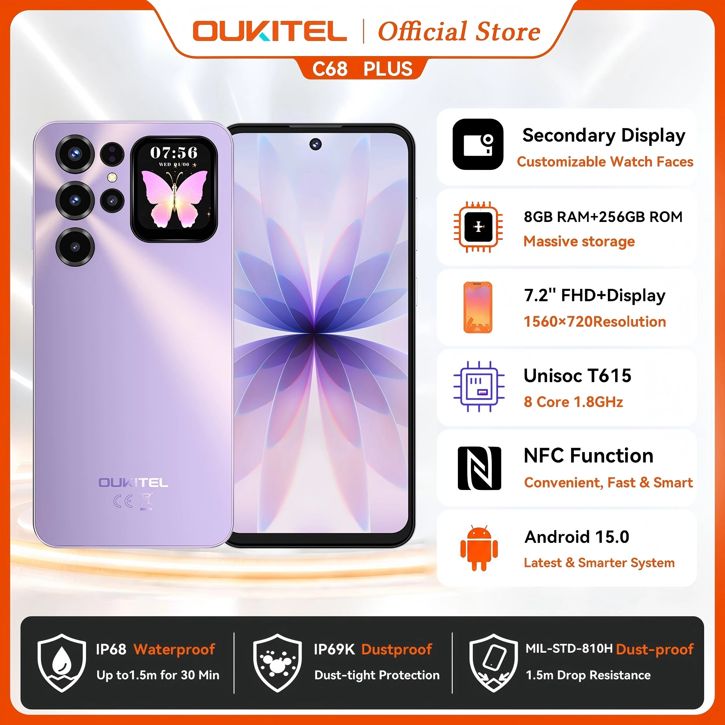 OUKITEL C68 Plus | Smartphone 4G 6000mAh 64MP 7.2" Dual Display | NFC Android 15