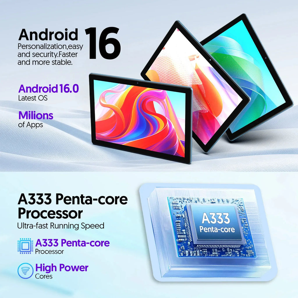 Tablet BAKEN 10" | Android 16 | 12GB RAM + 64GB | Quad-Core | 6000mAh | Dual Cámara | Azul y Negro
