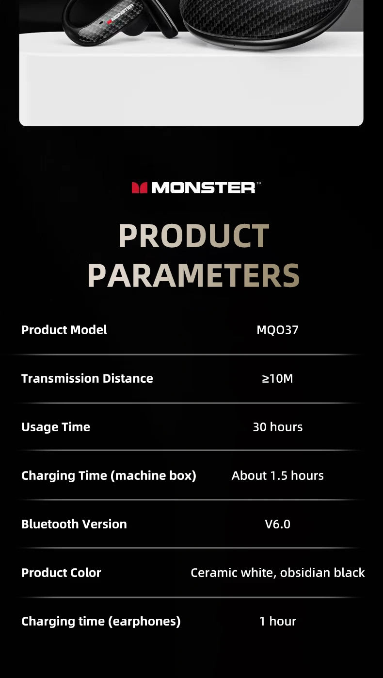 Monster MQO37 - Auriculares Gaming TWS Bluetooth 6.0 | ANC | OWS Ear Hook | HiFi