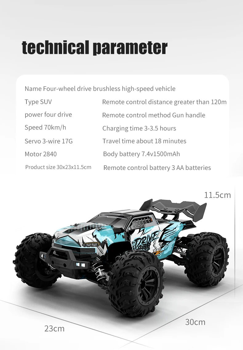 RC Monster Truck 4WD Brushless — 75km/h Off-Road 1/16 Scale | LED Headlights & Metal Parts