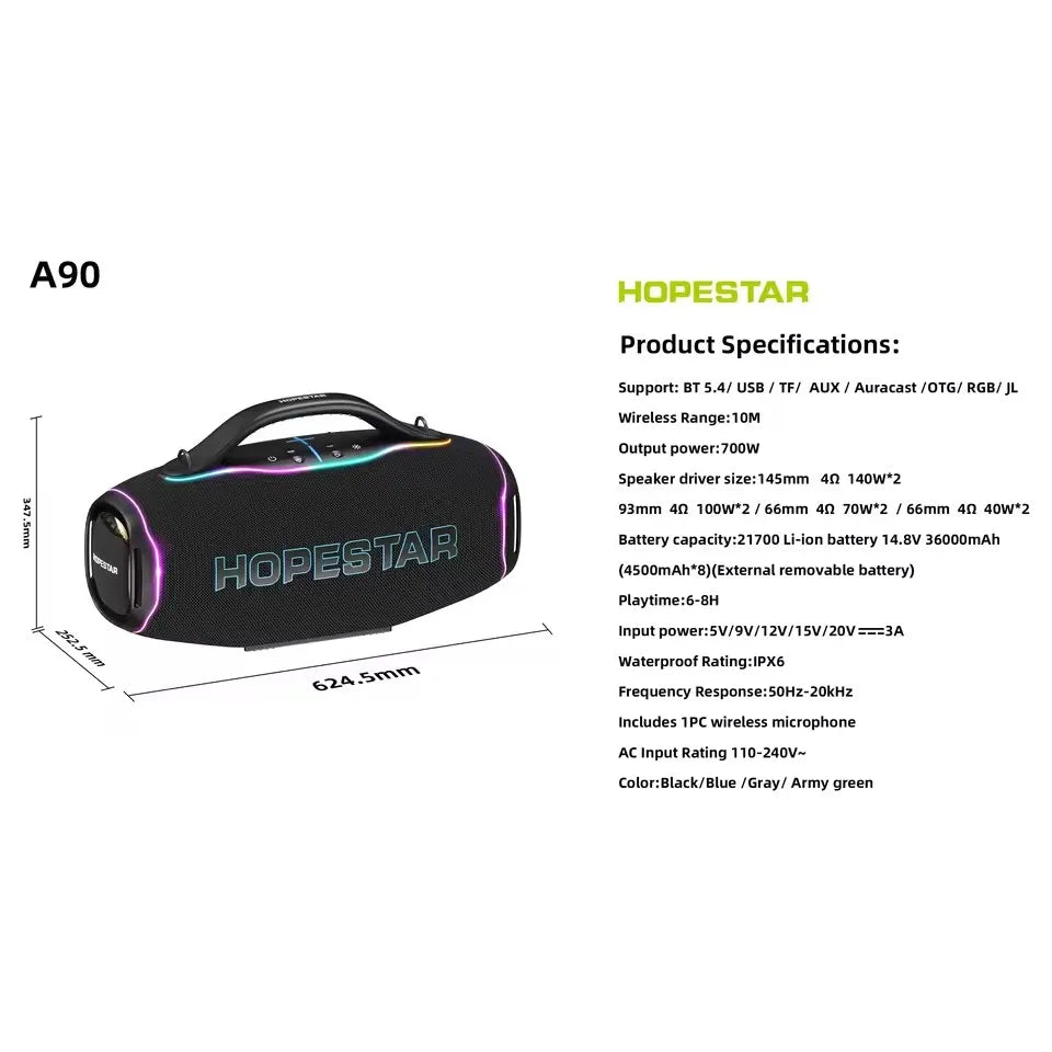 HOPESTAR A90 | Bocina Bluetooth 700W con Micrófono | Karaoke Outdoor IPX6