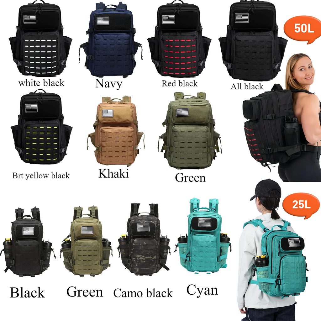 Waterproof Backpack 25L/50L | Gym, Hiking, Travel & Laptop Bag | Dual Bottle Holders | 12 Colors
