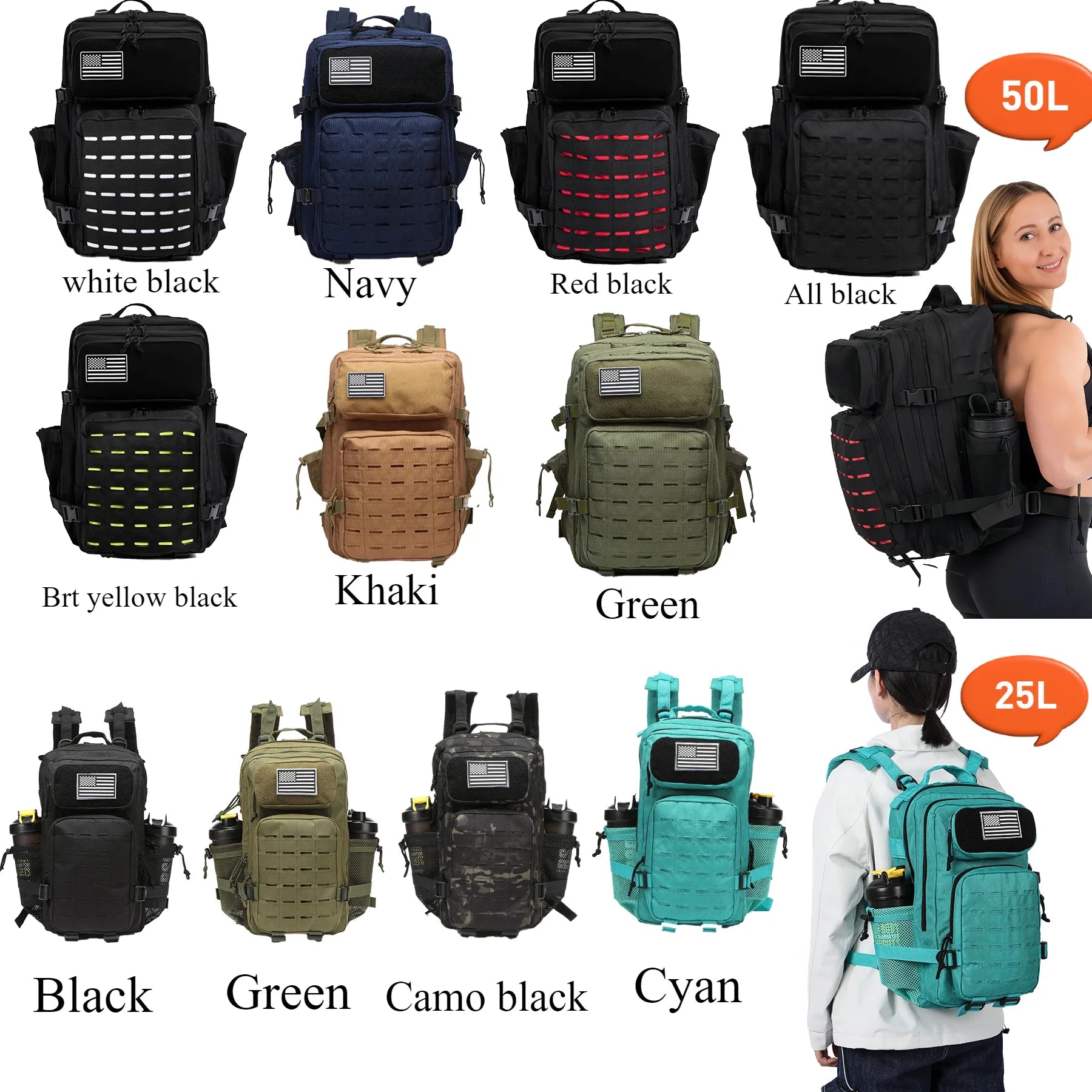 Waterproof Backpack 25L/50L | Gym, Hiking, Travel & Laptop Bag | Dual Bottle Holders | 12 Colors