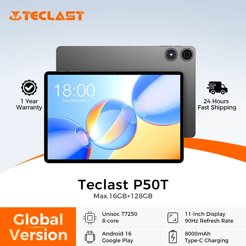 Tablet Teclast P50T 11" | Android 16 | 16GB RAM + 128GB | Octa-Core | 90Hz | 8000mAh | GPS | WiFi 5 | Netflix