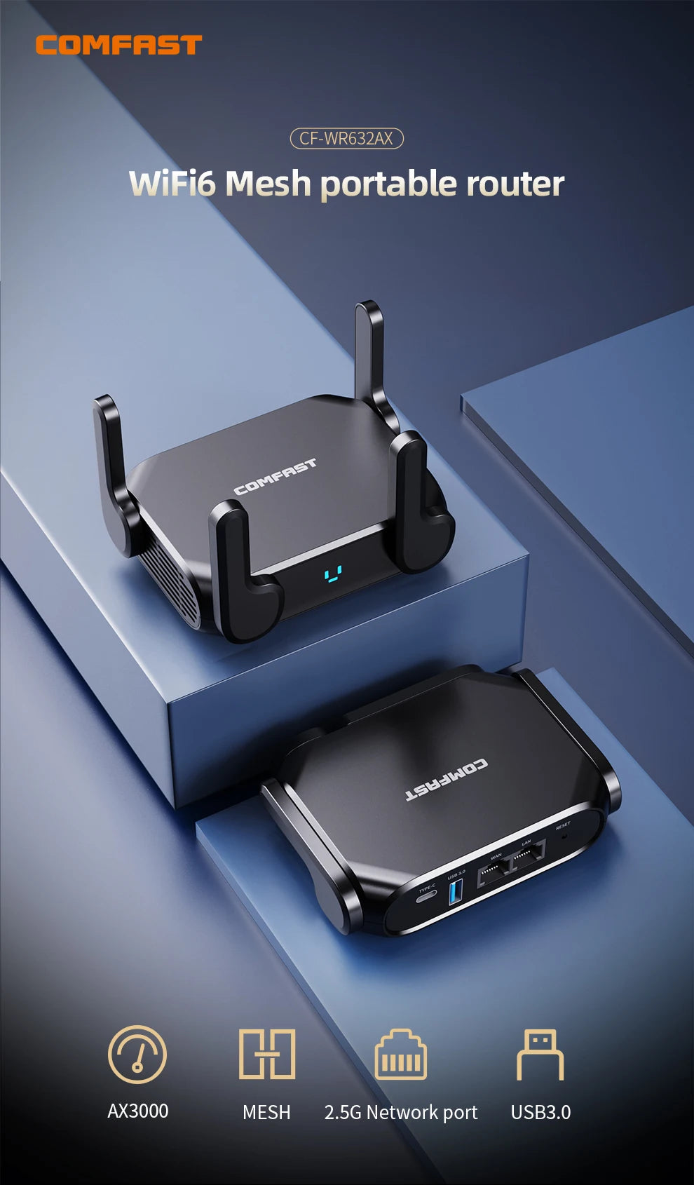 Comfast CF-WR632AX Router WiFi 6 Mesh | AX3000 | 3000Mbps | Puerto 2.5G | USB 3.0 | 4 Antenas | Hogar y Oficina