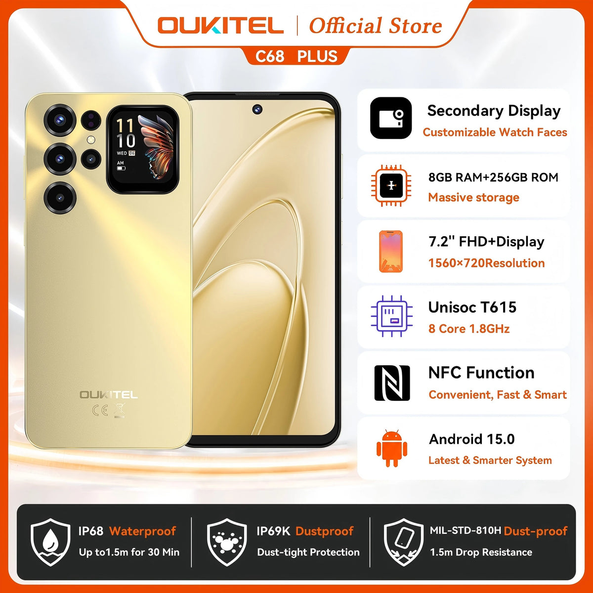OUKITEL C68 Plus | Smartphone 4G 6000mAh 64MP 7.2" Dual Display | NFC Android 15