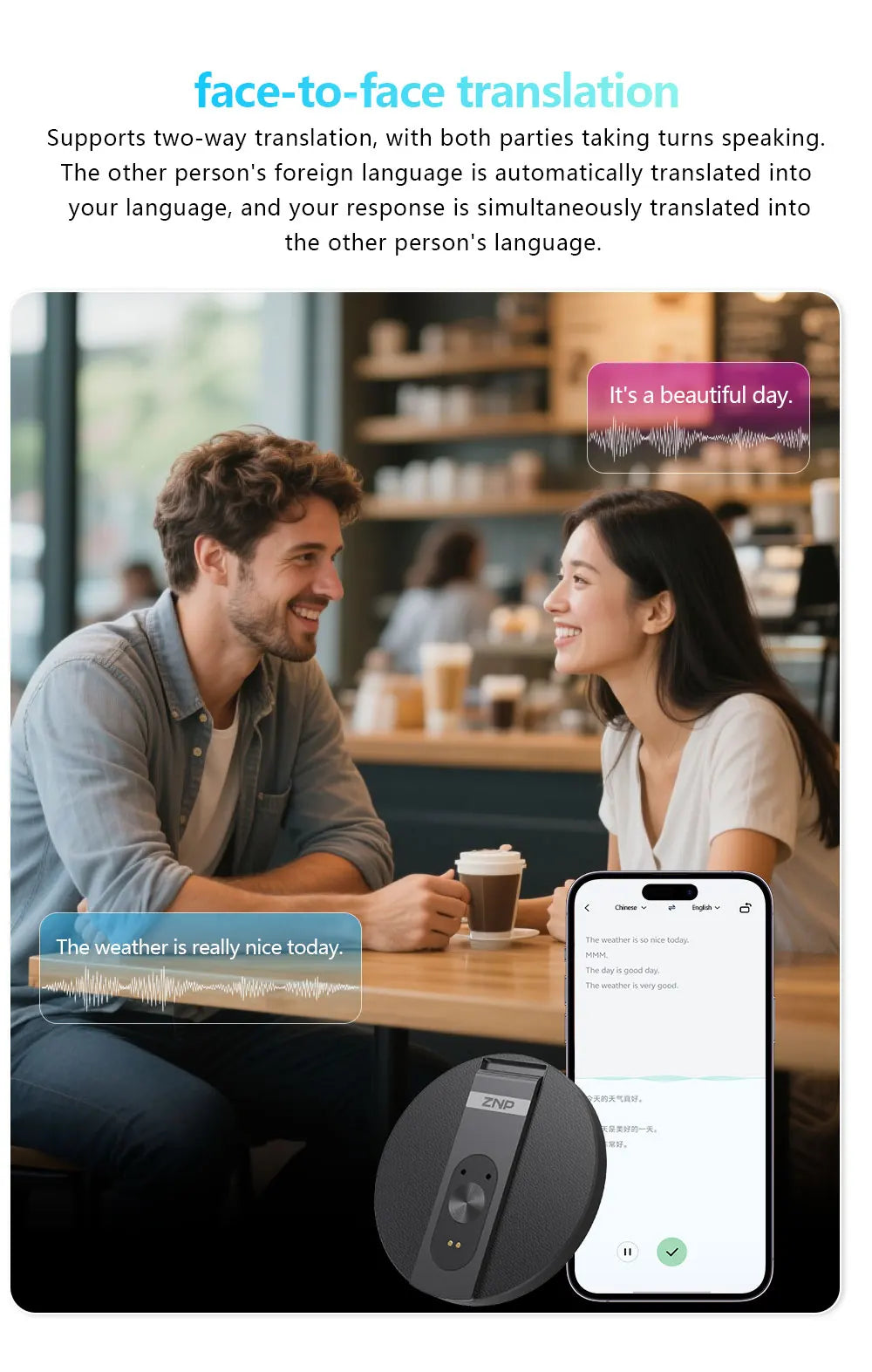Traductor de Voz IA ZNP | Bluetooth Inalámbrico | 150+ Idiomas | Magnético Ultra-Delgado | Offline | Soporte para Teléfono | 30h Batería
