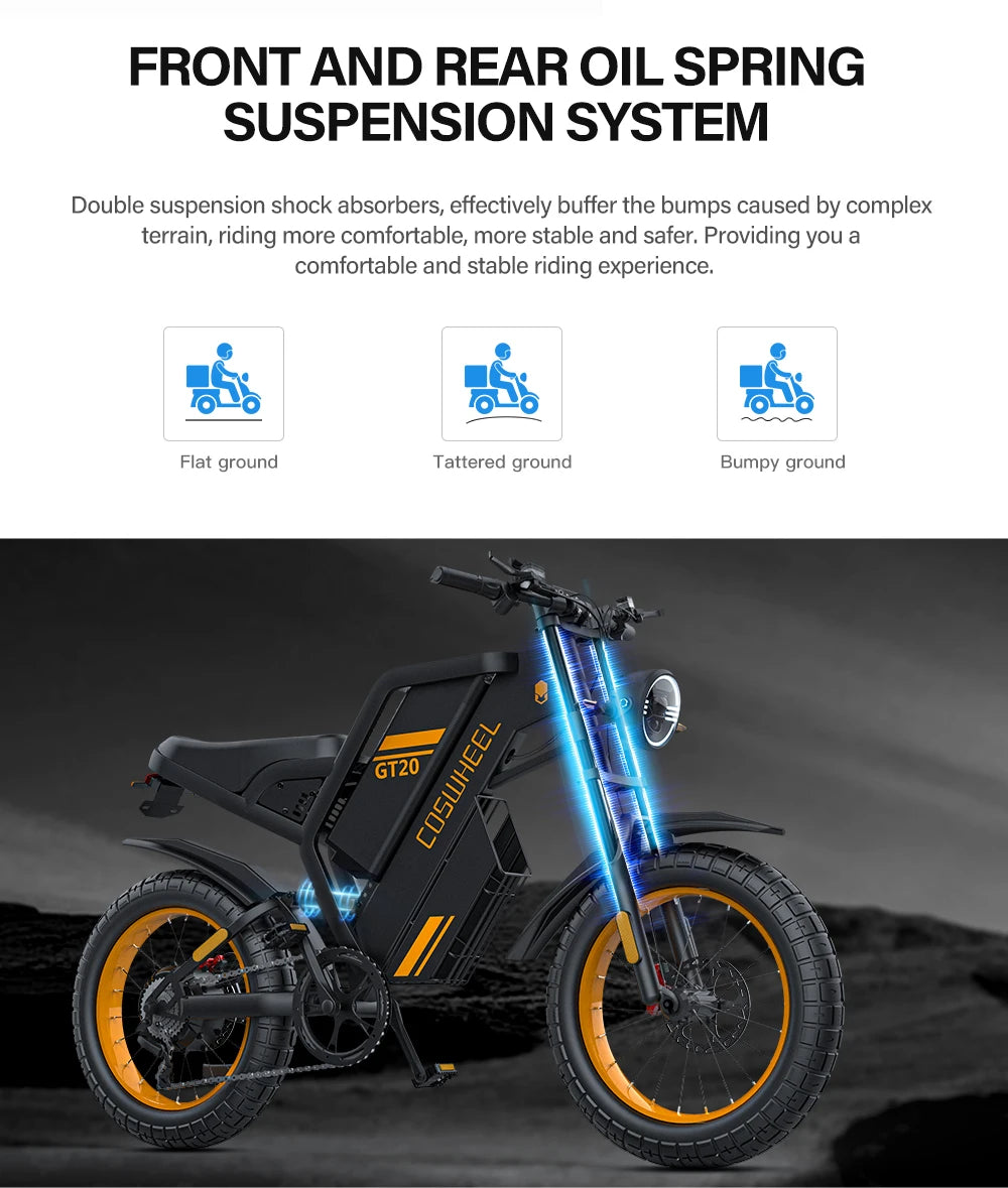 Coswheel GT20 E-Bike | 1500W/2000W/3000W | 60V 25Ah | Fat Tire 20x4.0 | 93 Millas | Shimano 7v | CE UL FCC | Off-Road