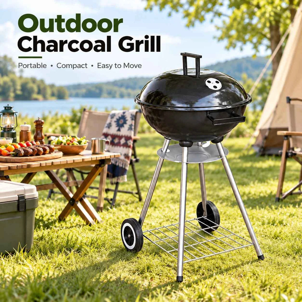 Charcoal BBQ Grill | Wheels & Storage Shelves | Outdoor Cooking