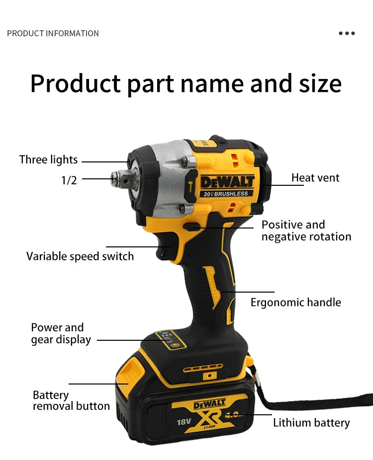 DEWALT-Compatible DCF921 | 20V Brushless Impact Wrench | LED Light