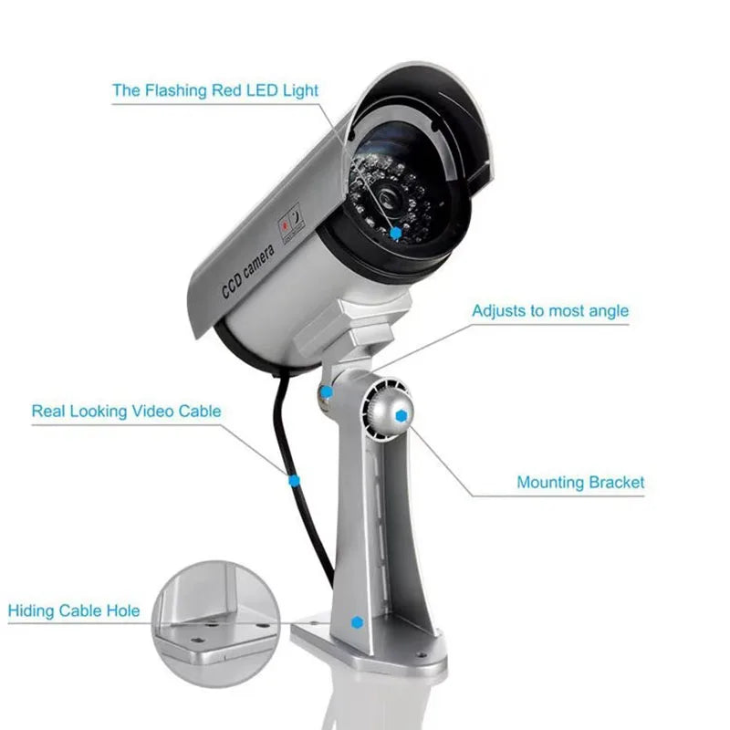 Fake Security Camera | Indoor & Outdoor | Adjustable Mount | Blinking LED | Black / Silver