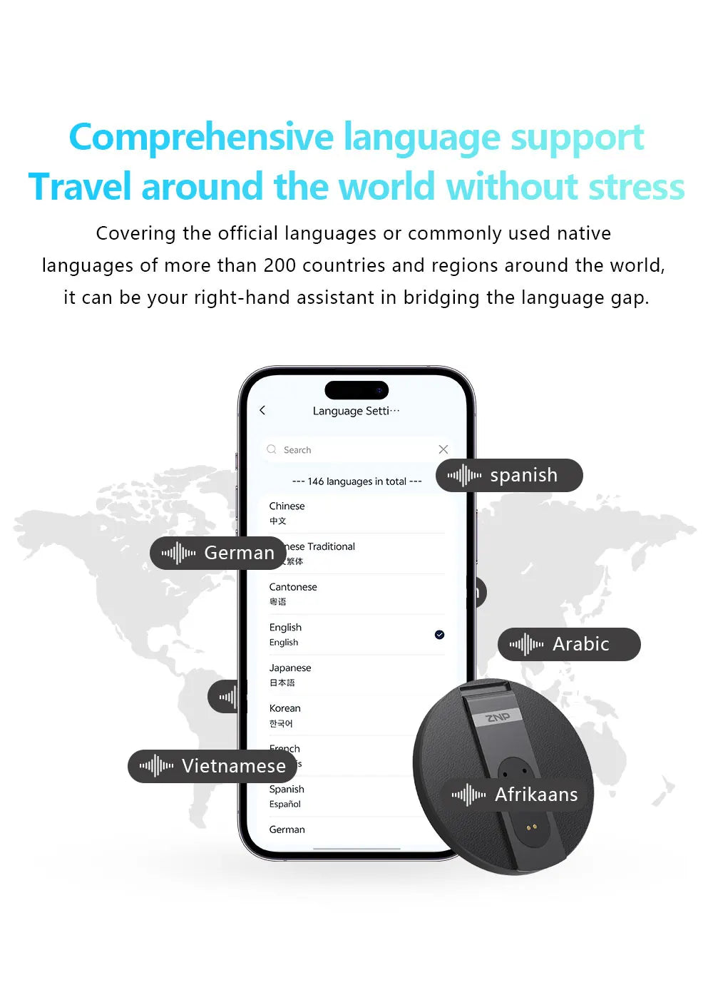 Traductor de Voz IA ZNP | Bluetooth Inalámbrico | 150+ Idiomas | Magnético Ultra-Delgado | Offline | Soporte para Teléfono | 30h Batería